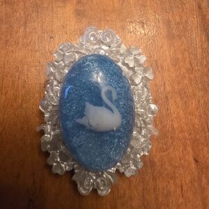 White Swan In Blue Resin Cameo Cabochon With White Frame 25x35mm Brooch